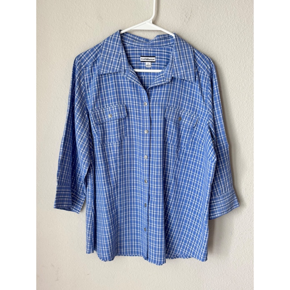 Croft & Barrow Blue White Plaid 3/4 Sleeve Button Up Shirt Large